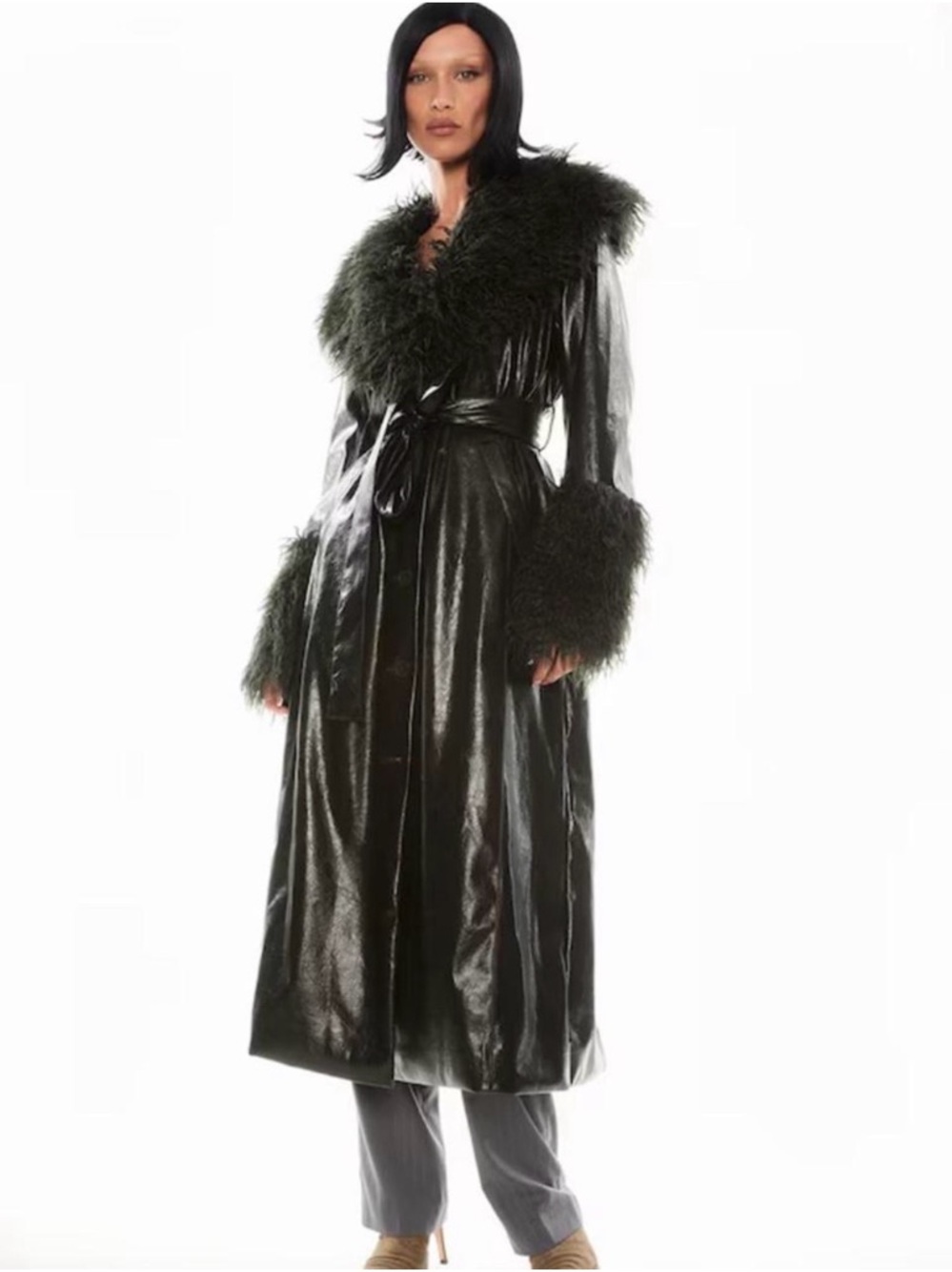 Long Faux Leather Trench Coat with Fur Trim - Dark Green